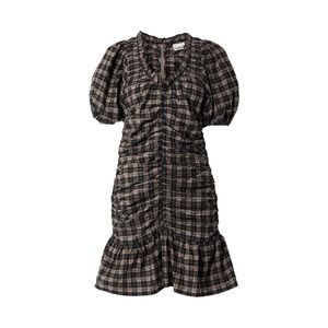 GANNI Ruffled Ruched Check Seersucker Mini Dress, Fossil, FR34